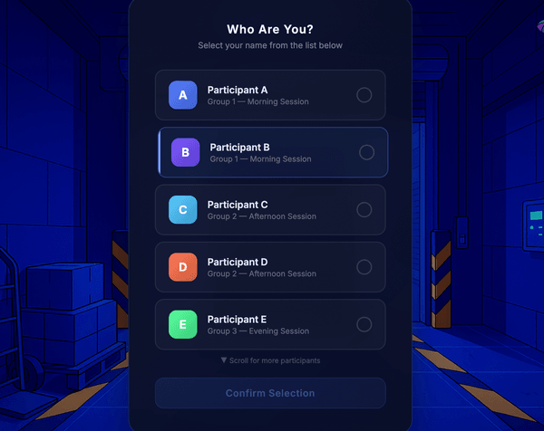 In-VR participant selection showing a roster list