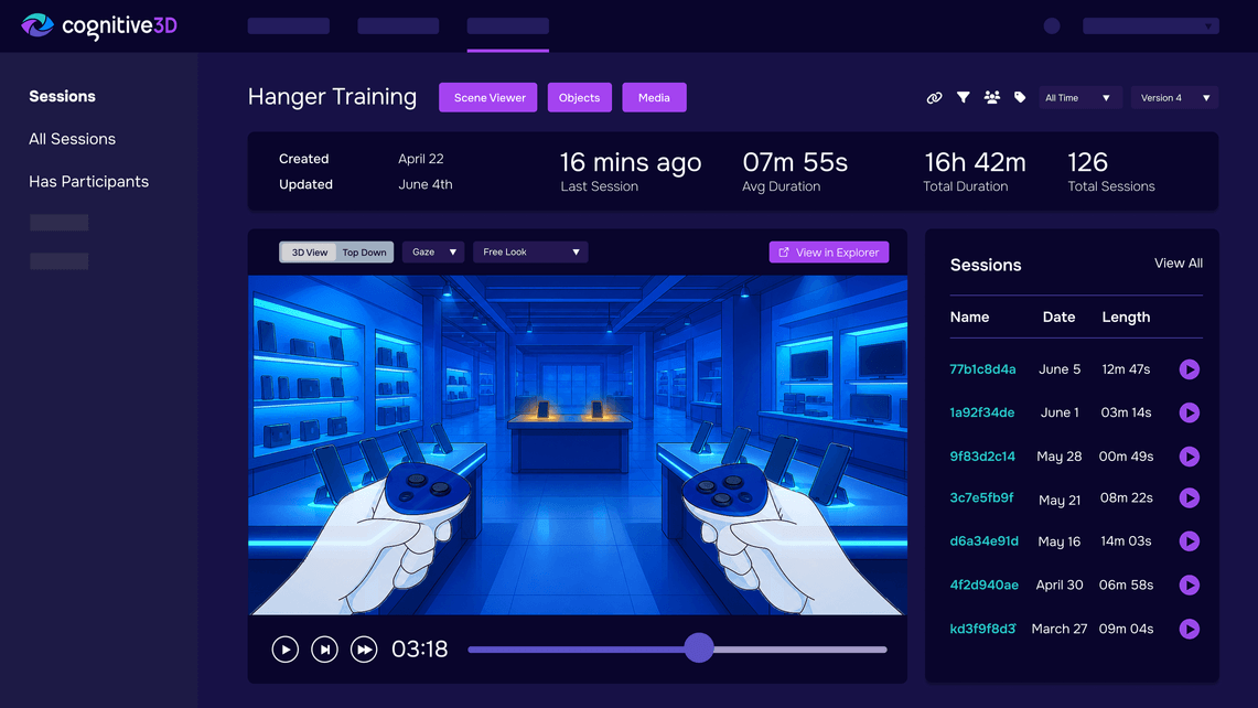 Cognitive3D dashboard showing an XR retail session replayed in 3D with gaze and interaction overlays