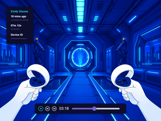 A recorded VR session replayed in 3D beside its captured session data