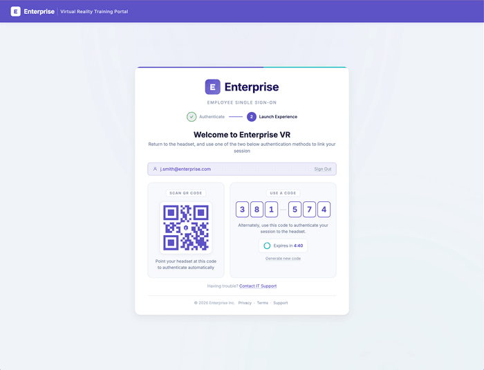 Cognitive3D Identify — SSO authentication portal showing QR code and session code