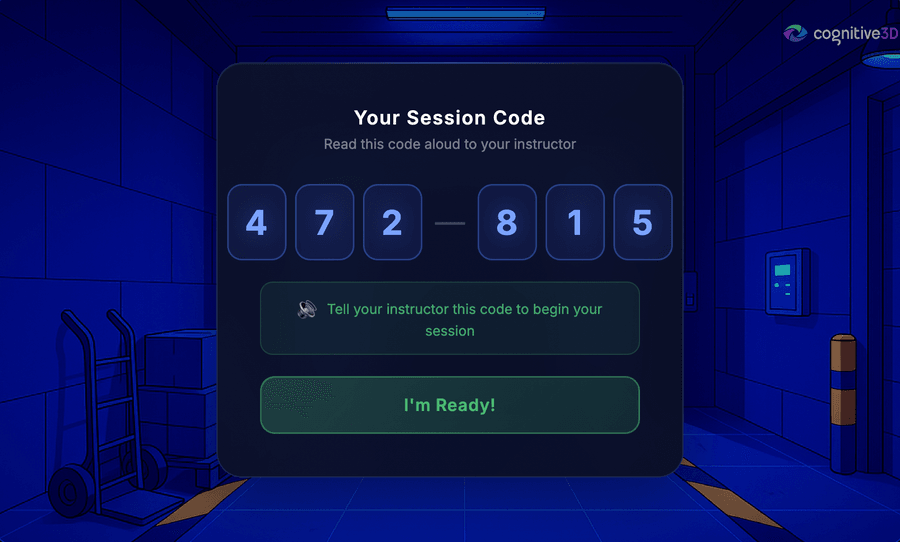 In-VR verbal code authentication showing a 6-digit session code