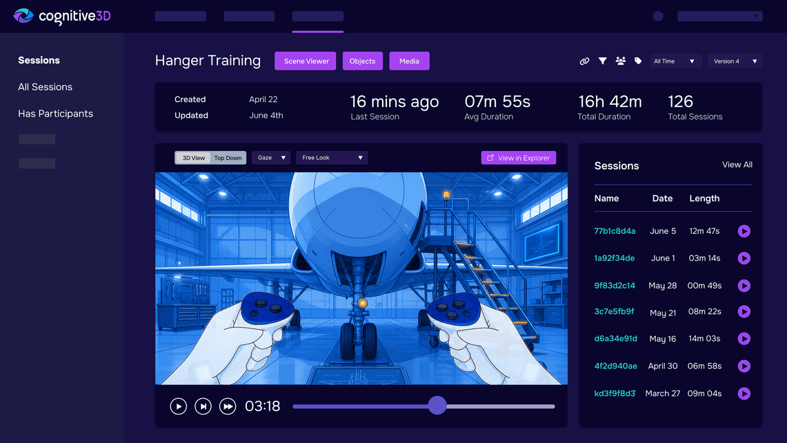 Cognitive3D dashboard showing an XR training session replayed in 3D with gaze and objective overlays