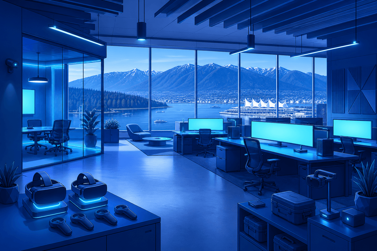 The Cognitive3D office in Vancouver, with XR headsets and controllers on charging docks and the North Shore mountains beyond the harbour