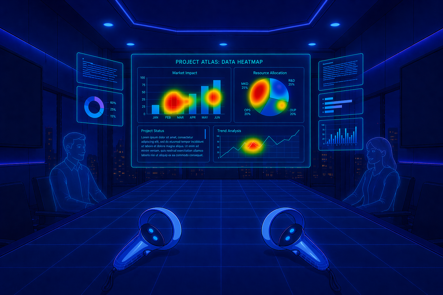 Project Atlas data heatmap scene showing market impact, resource allocation, and trend analysis visualisations in an XR control room
