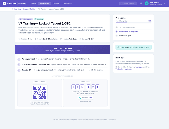 LMS activity page showing QR code and session code for VR training launch
