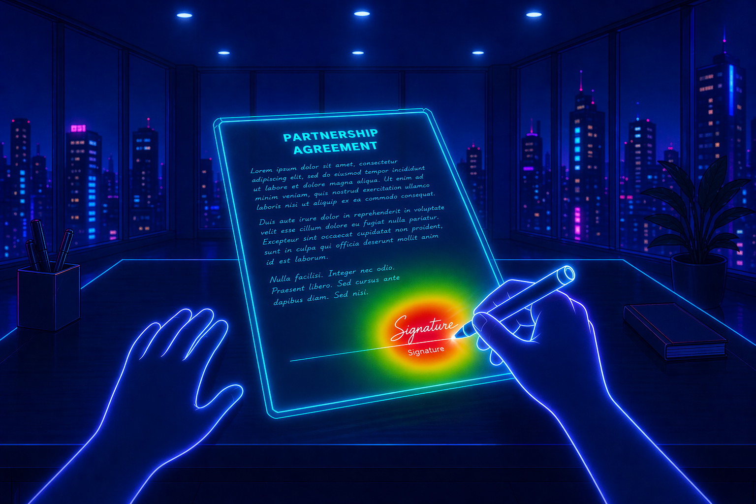 A partnership agreement signed in an XR environment, with a signature highlighted in a warm heatmap glow