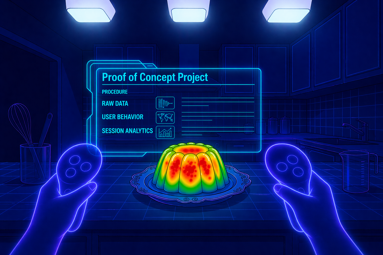 Two hands in XR controllers inspect a proof-of-concept panel showing procedure, raw data, user behaviour, and session analytics